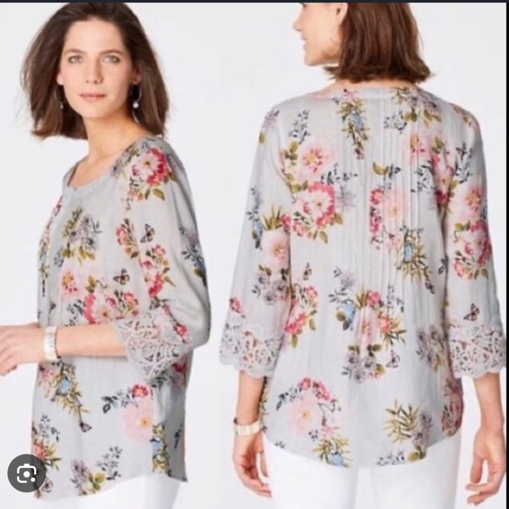 J. Jill Wearever Crew-Neck linen lace Shirttail Floral Top new